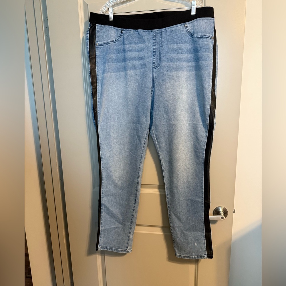 Light Blue Jeans with Faux Leather Black Side Stripes